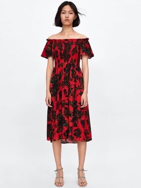 Zara Red Floral Off-Shoulder Dress size Medium